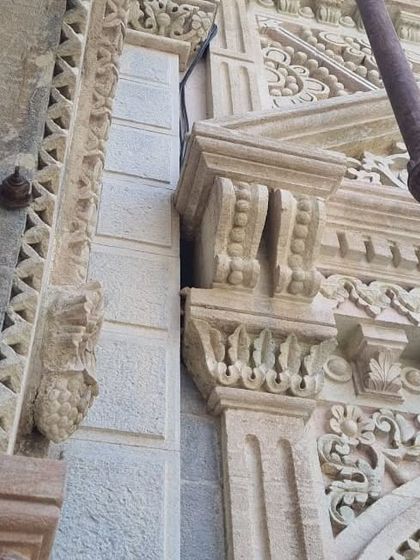 Another detail shot showing the complex architectural elements we had to work with. We conducted numerous on-site mock-ups to find the perfect angles for our wall-grazing fixtures.