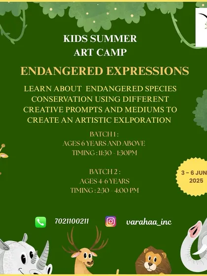 My Endangered Expressions art camp combines creativity with a cause. This poster explains how kids learn about endangered species and conservation while using different artistic mediums to create their own expressive works.