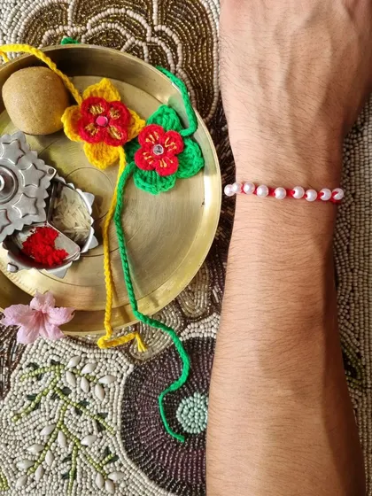 A glimpse of our Rakhi celebration, featuring our handmade floral rakhis. They are lightweight and comfortable to wear all day.