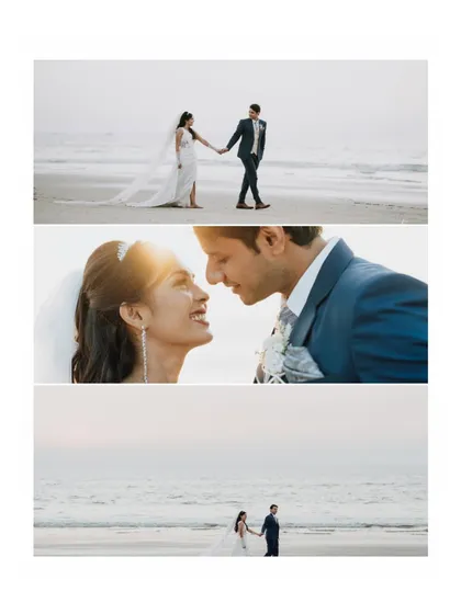 A triptych of Alfreda and Dion's beach wedding portraits. These images showcase the vastness of the ocean and the intimate connection between the couple, bathed in golden light.