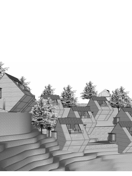 An elevation drawing of the Suwakholi Getaways, showing the cluster of angular cabins as they appear on the hillside, creating a village-like feel.