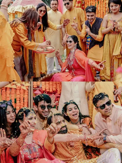 A collage of the fun and messy moments of a Haldi ceremony, with friends and family all joining in.