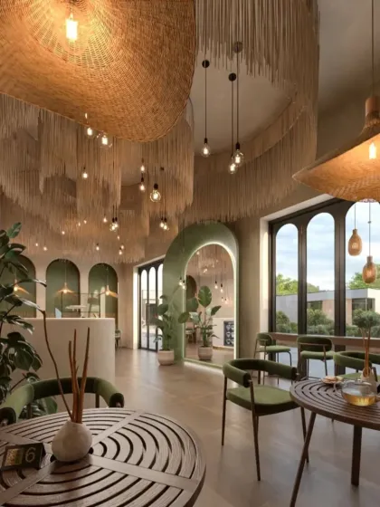 Another angle of the "Cozy Cafe," highlighting the comfortable green velvet chairs and wooden tables. The design is perfect for creating a relaxing and inviting spot for customers.