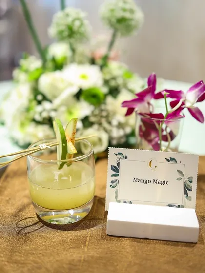 Our 'Mango Magic' mocktail, a delightful blend of fresh mango that offers a taste of summer. It's a simple, elegant, and flavourful beverage choice.