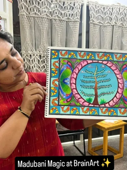 I love showcasing the beautiful work from our classes, like this completed Madhubani painting. We explore the rich stories and vibrant patterns of Indian folk art, making it accessible and enjoyable for everyone.