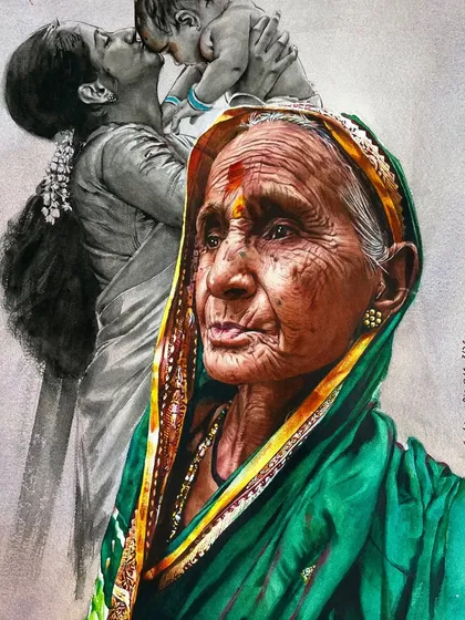A painting that bridges generations. The foreground shows a detailed color portrait, while the background features a monochrome memory of motherhood, demonstrating a powerful storytelling composition.