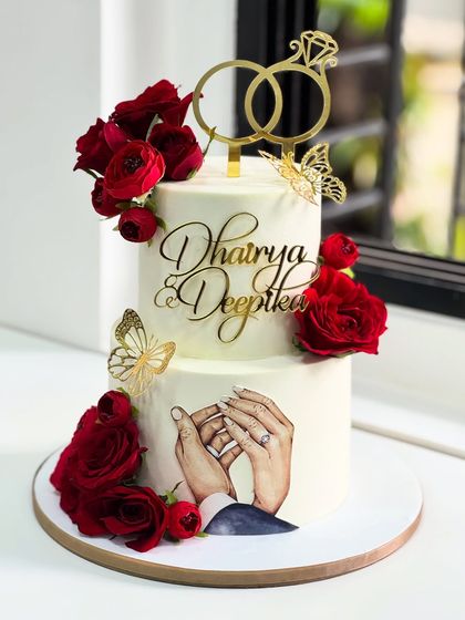Every love story deserves a sweet beginning. This two-tier engagement cake celebrates a couple's forever with deep red roses, golden butterflies, and a hand-painted portrait of their promise.