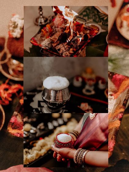 A collage capturing the core elements of a Hindu wedding ceremony: the sacred fire (Agni), the boiling milk (a sign of prosperity), and the offering of rice.
