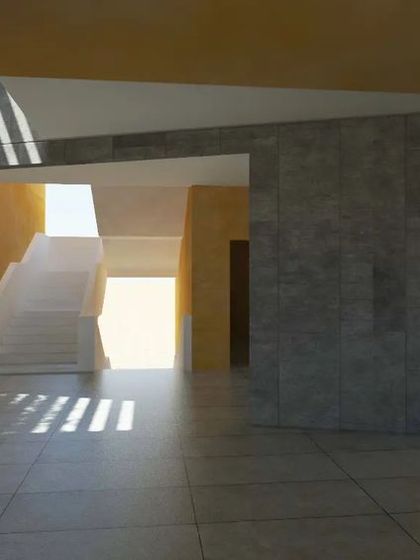 An interior courtyard space where light filters down from openings above. This area serves as a central node, with a staircase leading to upper levels, and demonstrates how I use architectural voids to bring daylight deep into a building.