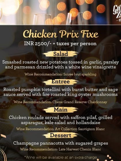 A duplicate of 82, this image shows the Chicken Prix Fixe menu for our New Year's event. Each dish is thoughtfully paired with a wine to enhance the dining experience.