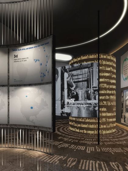 A render of the interior of the Cipla Museum, which we presented at the World Architecture Festival. The design uses curved walls, projected text, and historical images to create an immersive narrative experience for visitors.