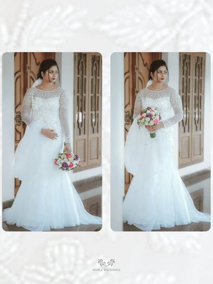 A diptych of the bride in her flowing gown, capturing the elegance of her dress and veil.