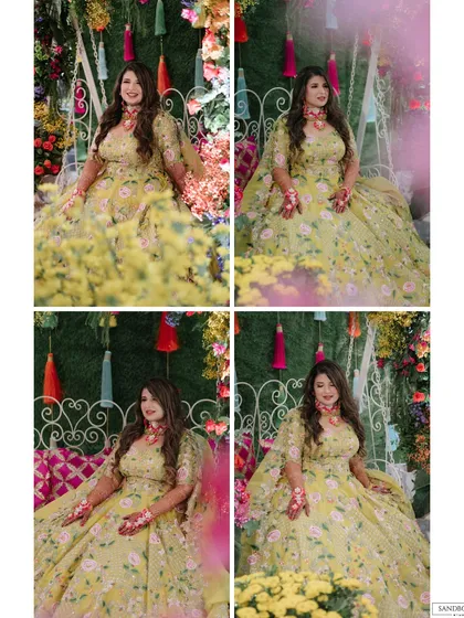 A series of artistic and candid shots of the bride and groom, showcasing their outfits and the beautiful outdoor venue.