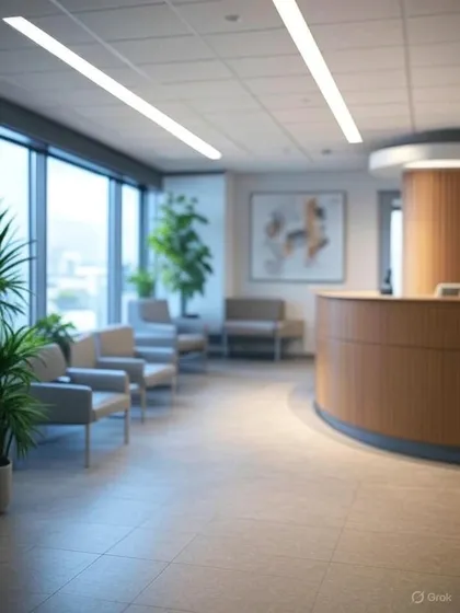 A softly lit image of a clinic reception area, focusing on the curved wooden desk and comfortable waiting chairs. The out-of-focus background suggests a calm and professional environment.