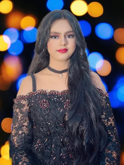 A party-ready look with soft waves, a smokey eye, and a classic red lip. The off-shoulder black lace dress is complemented by a simple choker, creating a modern and chic style.
