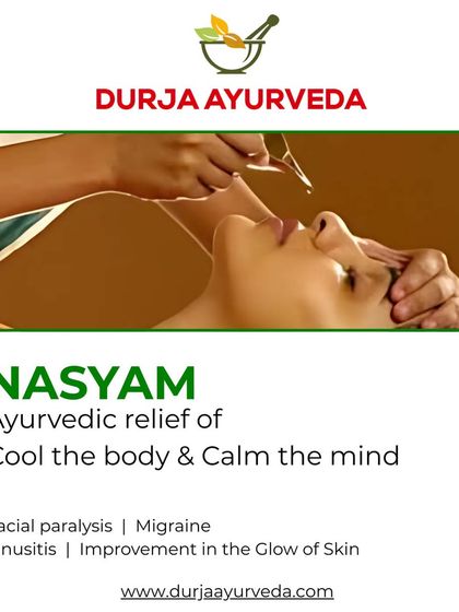 Nasyam is a nasal herbal oil therapy that clears sinus blockages and calms the mind. It is effective for migraines, sinusitis, and even facial paralysis, while also improving skin glow.