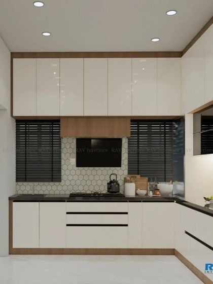 A 3D render of a modern kitchen with white and wood-finish cabinets, a black countertop, and a hexagonal tile backsplash.