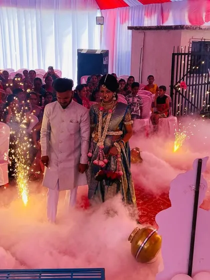 My special entry effects are not just for weddings. I create beautiful moments for baby showers too, like this couple's entrance through a cloud of fog and cold pyro, making their celebration even more memorable.