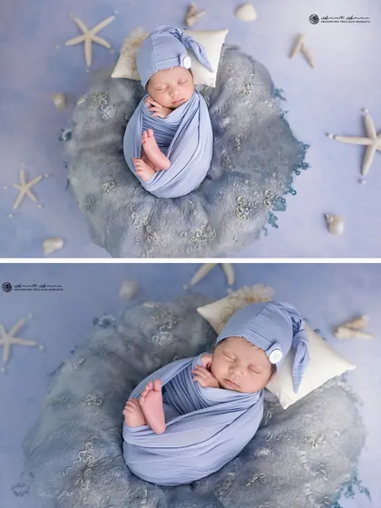 Our little sailor is ready for dreamland. This creative setup with a blue wrap and seashell details is a perfect example of a themed newborn shoot.