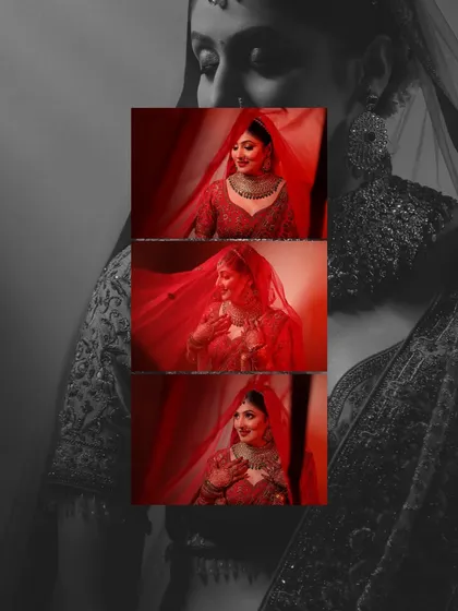 A stylish collage of a bride in her red veil, blending monochrome and color-washed red images. This artistic edit gives a modern, editorial feel to traditional bridal portraits.