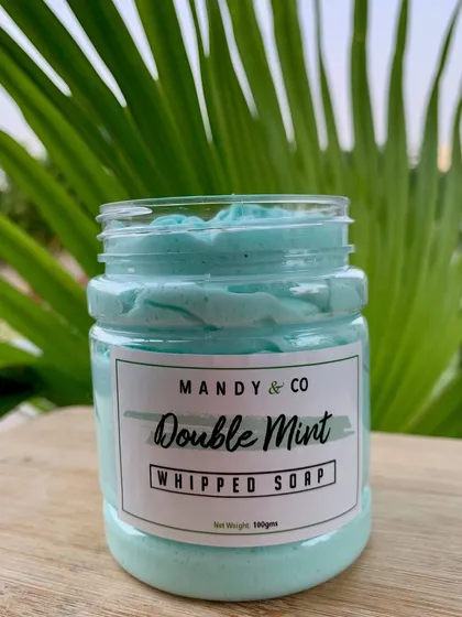 The Double Mint whipped soap, a refreshing and cooling treat for your skin that leaves you feeling tingling clean.
