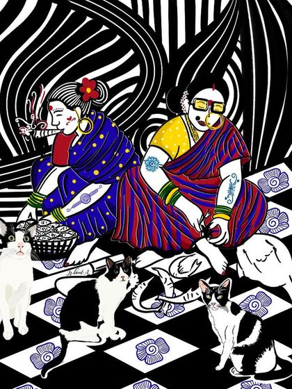 An illustration celebrating the powerful 'macchiwaalis' or fisherwomen of Mumbai, surrounded by their feline friends. This piece was exhibited at the Cat Cafe Studio.