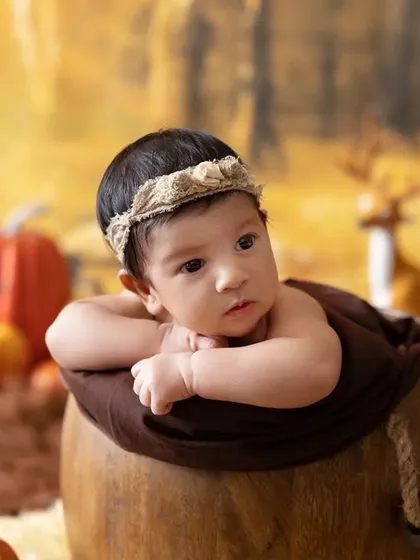 An autumn forest theme featuring a curious newborn peeking out of a wooden bucket. The background of trees and deer props adds a touch of woodland magic to the scene.
