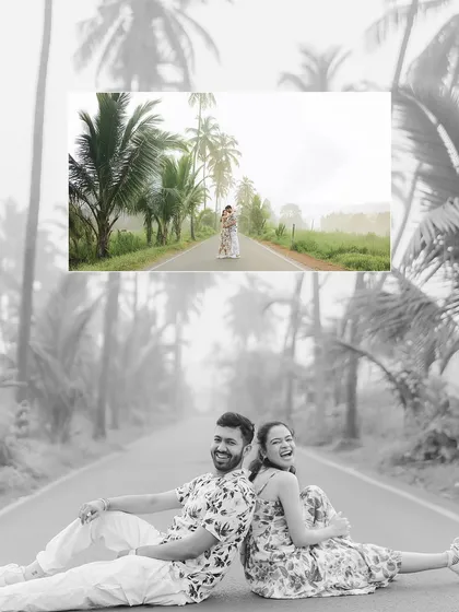A creative collage blending a color and black and white version of a fun pose on a classic Goan road.