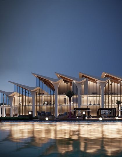 This rendering of a high-rise residential project showcases the state-of-the-art clubhouse. Surrounded by a serene waterbody and peaceful landscapes, the design creates a tranquil retreat that blends modern elegance with environmentally-conscious living.