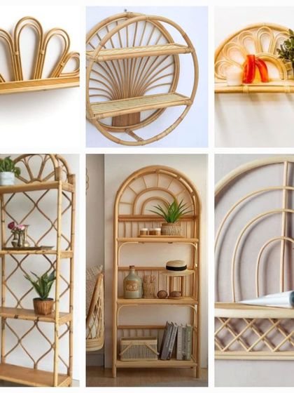 A collection of our beautifully designed rattan wall shelves and storage units. Featuring arched and sunburst motifs, these pieces are perfect for displaying plants, books, and decor, adding a touch of bohemian elegance to your walls.