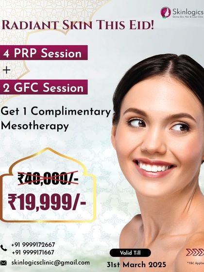 This promotional graphic details our special Eid offer, combining four PRP sessions and two GFC sessions for hair and skin rejuvenation. It also includes a complimentary mesotherapy session to further enhance results.