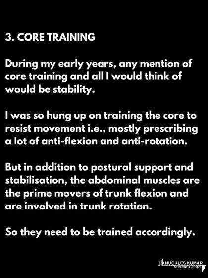 My approach to core training has shifted from focusing only on stability. The abdominal muscles are prime movers for trunk flexion and rotation, so they need to be trained dynamically, not just with anti-movement exercises.