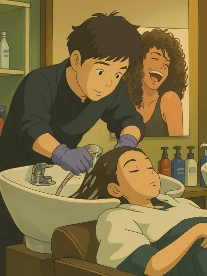 This animated scene shows the happy, relaxed interaction between a stylist and client, reflecting the friendly atmosphere of my salon.