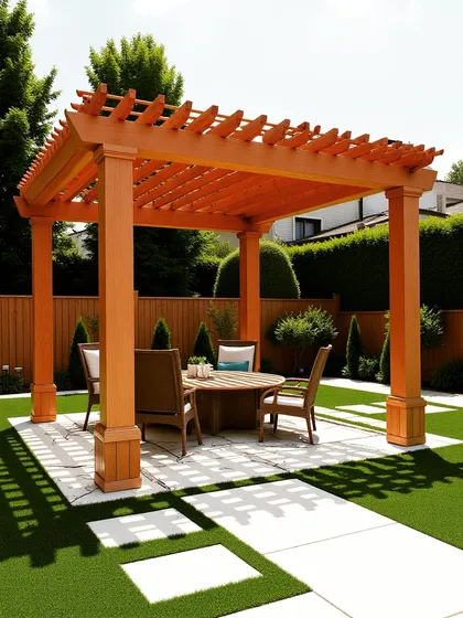 A freestanding wooden pergola with robust columns, creating a formal dining area on a paved section of the lawn. The design uses pavers to create a clear path to the structure.