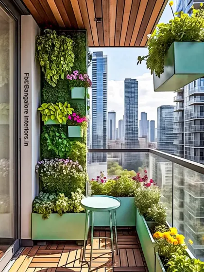 An urban balcony transformed into a lush vertical garden, providing a private green escape with stunning city views. This design utilizes tiered planters and a green wall to maximize planting space, complemented by wood deck flooring for a warm, natural feel.