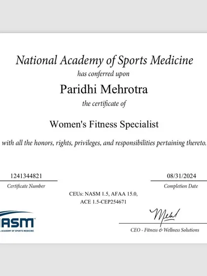 My certification as a Women's Fitness Specialist from the National Academy of Sports Medicine (NASM) is foundational to my coaching. It ensures my programs are designed specifically for the unique needs of the female body through all stages of life.