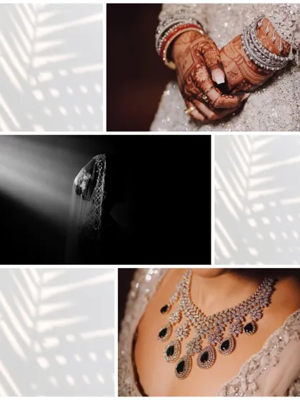 A collage of elegant details: the bride's diamond necklace, the intricate patterns on her hands, and a dramatic, shadowy portrait. It’s all about capturing the luxury and artistry.
