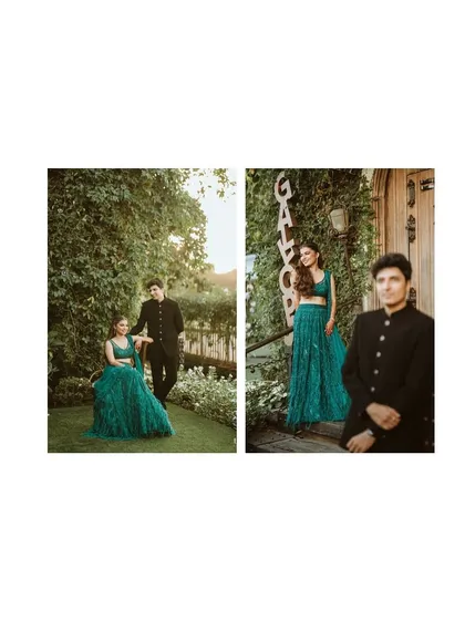 A diptych of Radhika and Shyam in a garden setting. These portraits combine a relaxed seated pose with a more formal standing shot, showing different facets of their connection.