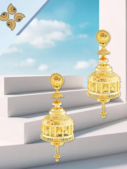 Exquisite gold jhumkis with a multi-tiered, caged design. These statement earrings are crafted to be lightweight yet grand, making them a popular choice for festive occasions.