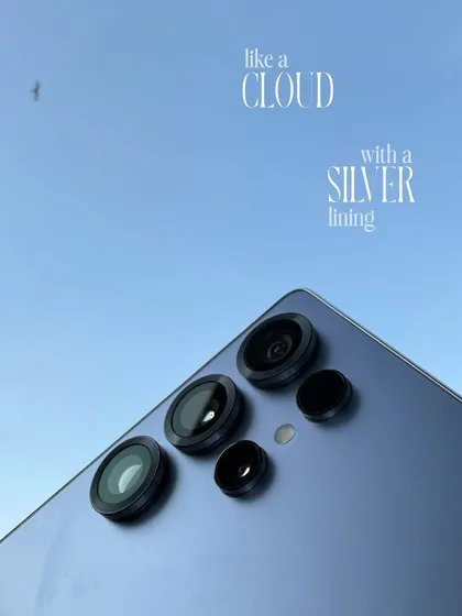 A first look at the new Samsung Galaxy S25 Ultra. This is a classic product reveal shot, using clean aesthetics and a sky background to create a sense of aspiration and innovation.