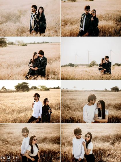 A large collage showcasing the variety of shots from a pre-wedding session in a field. It includes both individual portraits and couple shots, capturing different moods and interactions.