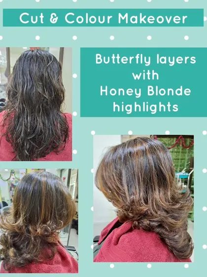 Here, we combined two of our favorites: a voluminous butterfly layered cut and sweet honey blonde highlights. This technique brightens the overall look and adds texture, creating a face-framing style that is both glamorous and fun.