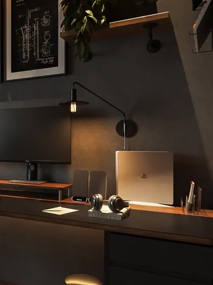 Details matter. An industrial-style task lamp and organized desk accessories complete the look of this powerful and focused workspace.
