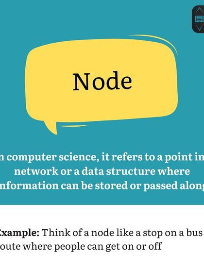 Coding Vocabulary N: Node. In computer science, a node is a point in a network or data structure where information can be stored or passed along, like a stop on a bus route.