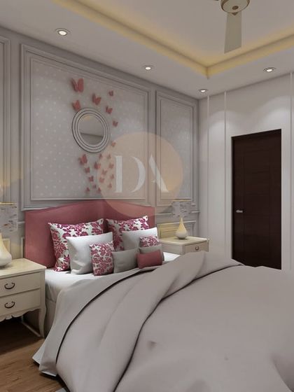 A kids' bedroom render showing a pink and white color scheme with butterfly wall decor. The classic wainscoting and elegant furniture create a room that is charming and timeless.