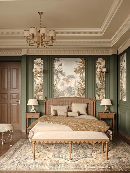 Another angle of the green-walled bedroom, highlighting the classical column and elegant furniture. The design proves that bold color can be used to create a space that is still timeless and deeply refined.