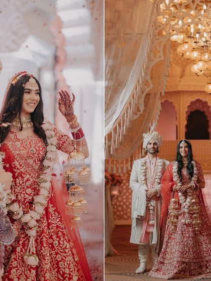 A diptych showing the couple during their wedding ceremony. These shots capture the grandeur of the venue and the couple's happiness as they embark on their new journey together.