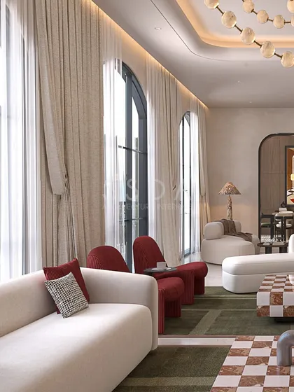 The tall, arched windows in this living room concept are dressed with floor-to-ceiling curtains, emphasizing the room's height and creating a soft, elegant mood. The curved furniture echoes the architectural arches.