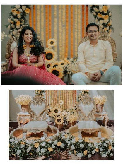 A diptych showing the couple seated for their haldi ceremony and a detail shot of the decorated seating area.