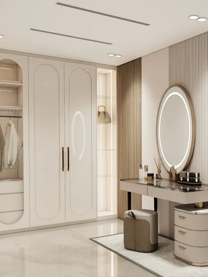 Another view of the luxury wardrobe concept, highlighting the arched glass doors and the sophisticated vanity with its backlit mirror.